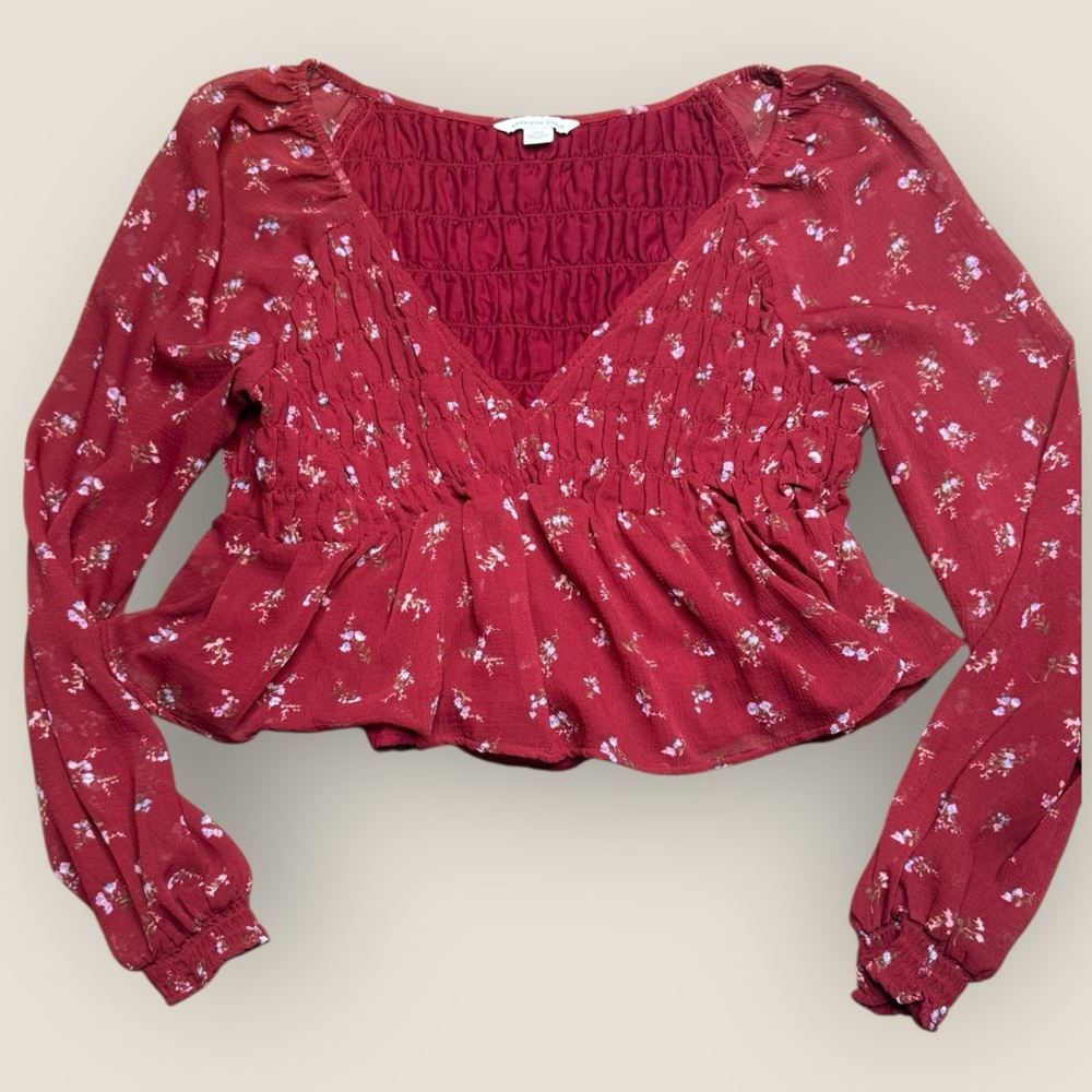 American Eagle Outfitters Red Floral poplar crop‎ top size large